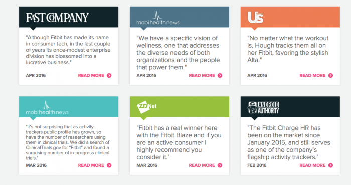 Fitbit, the famous fitness watch company, uses expert opinion to build trust with their brand by putting big publication mentions on their website.