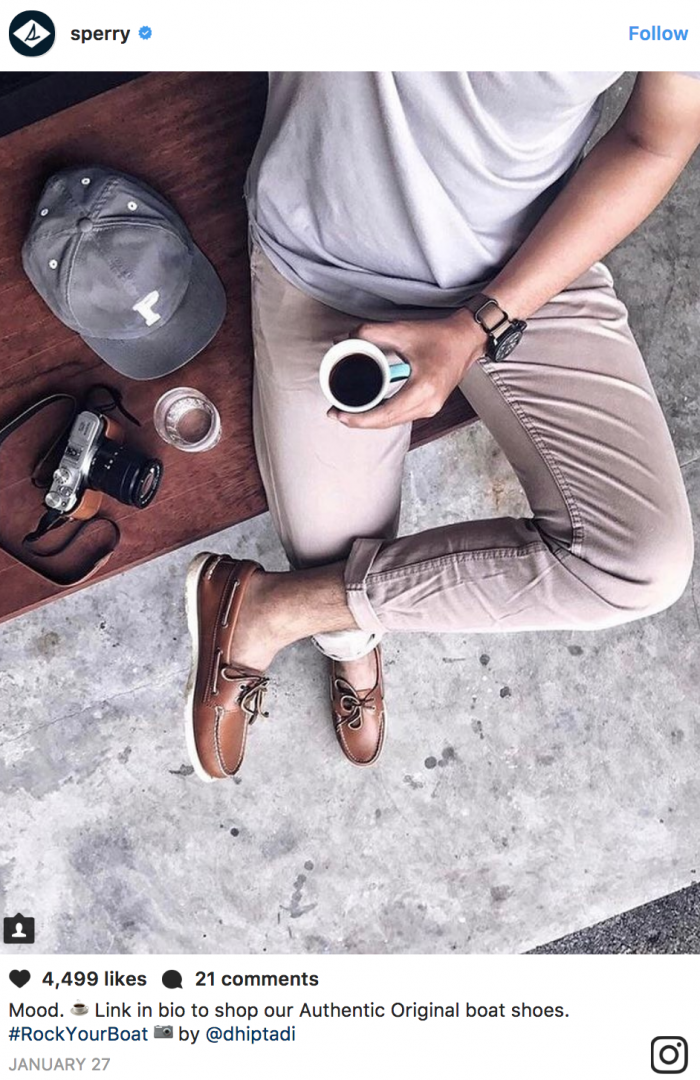 the shoe company Sperry took a picture of an influencer wearing their shoes to create social proof.