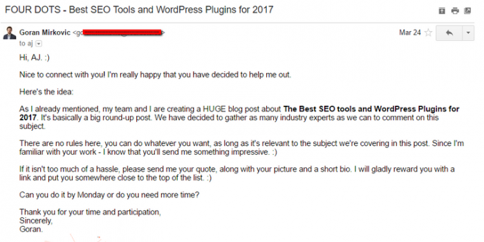 One of the best ways of getting influencers to help you out is by asking for contributions to a piece of content you’re creating and then sharing that content in your cold email campaigns. 